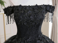 Black Tulle Off Shoulder Lace Long Prom Dress, Black Evening Dress