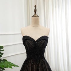 Black Tulle Sweetheart A-line Formal Dress with Lace, Black Long Prom Dress