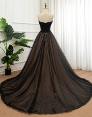 Black Tulle Sweetheart A-line Formal Dress with Lace, Black Long Prom Dress