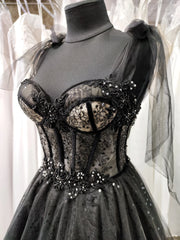 Black Tulle with Lace Straps Long Formal Dress, Black Long Evening Dress Prom Dress