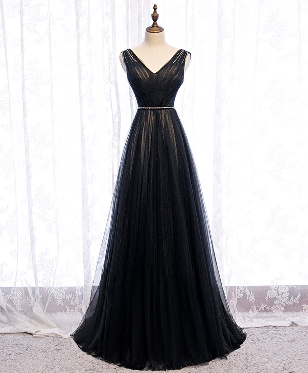 Black V Neck Tulle Lace Long Prom Dress Black Evening Dress