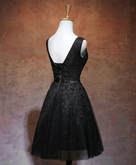 Black V Neck Tulle Lace Short Prom Dress, Black Homecoming Dresses