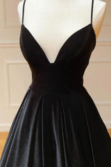 Black Velvet Long A-Line Prom Dress, V-Neck Backless Evening Formal Dress