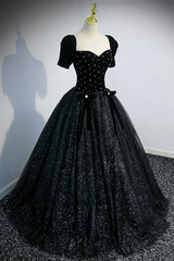 Black Velvet Tulle Long Ball Gown, Black A-Line Formal Evening Gown