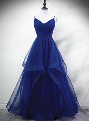 Blue A-line Straps Tulle Layers Long Party Dress, Blue Long Prom Dress