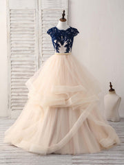 Blue/Champagne Tulle Lace Applique Long Prom Dress, Evening Dress