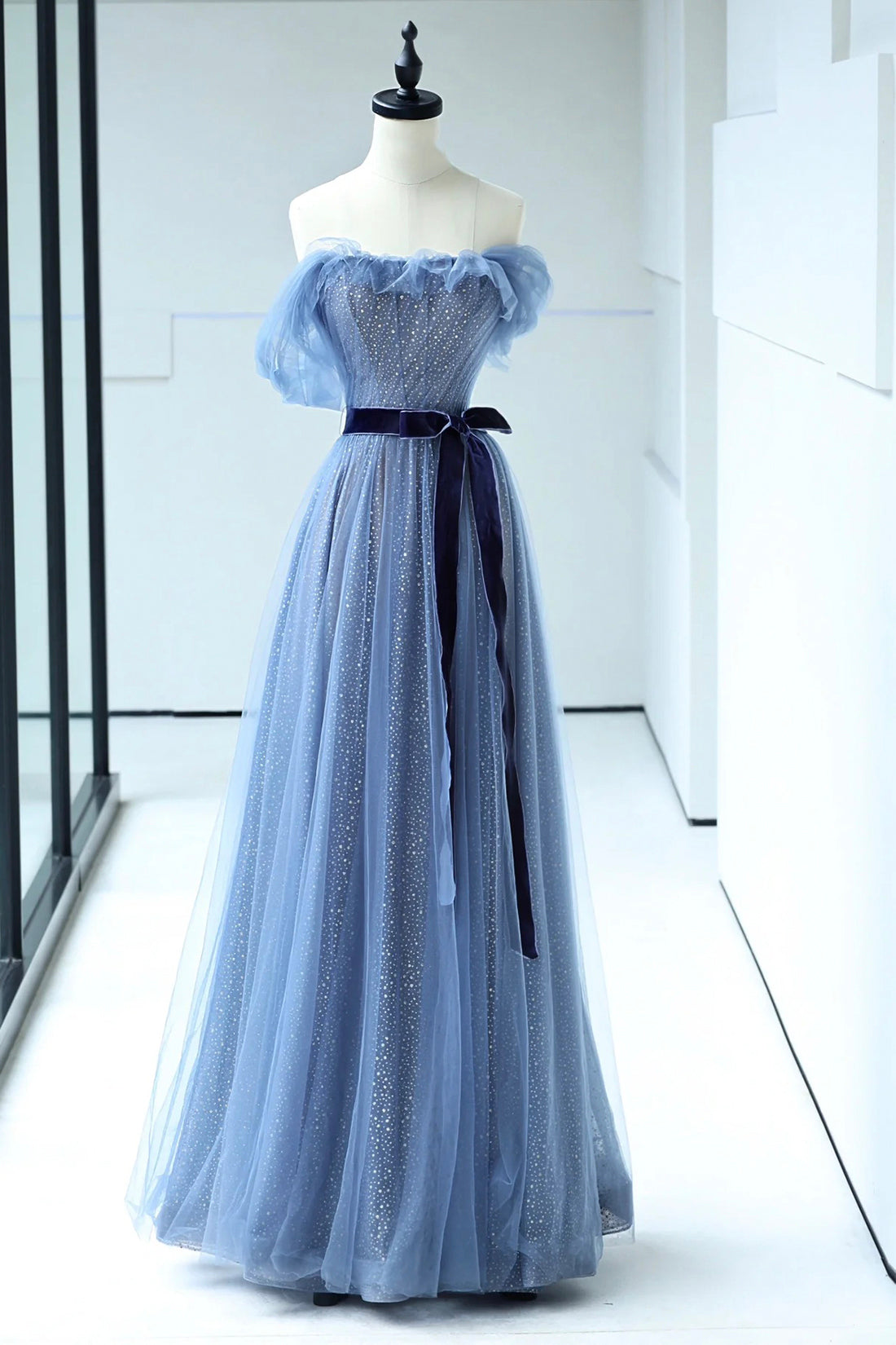 Blue Floor Length Prom Dress, A-line Strapless Tulle Evening Dress