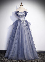 Blue-Grey Long A-line Off Shoulder Party Dress, New A-line Prom Dress Evening Dress