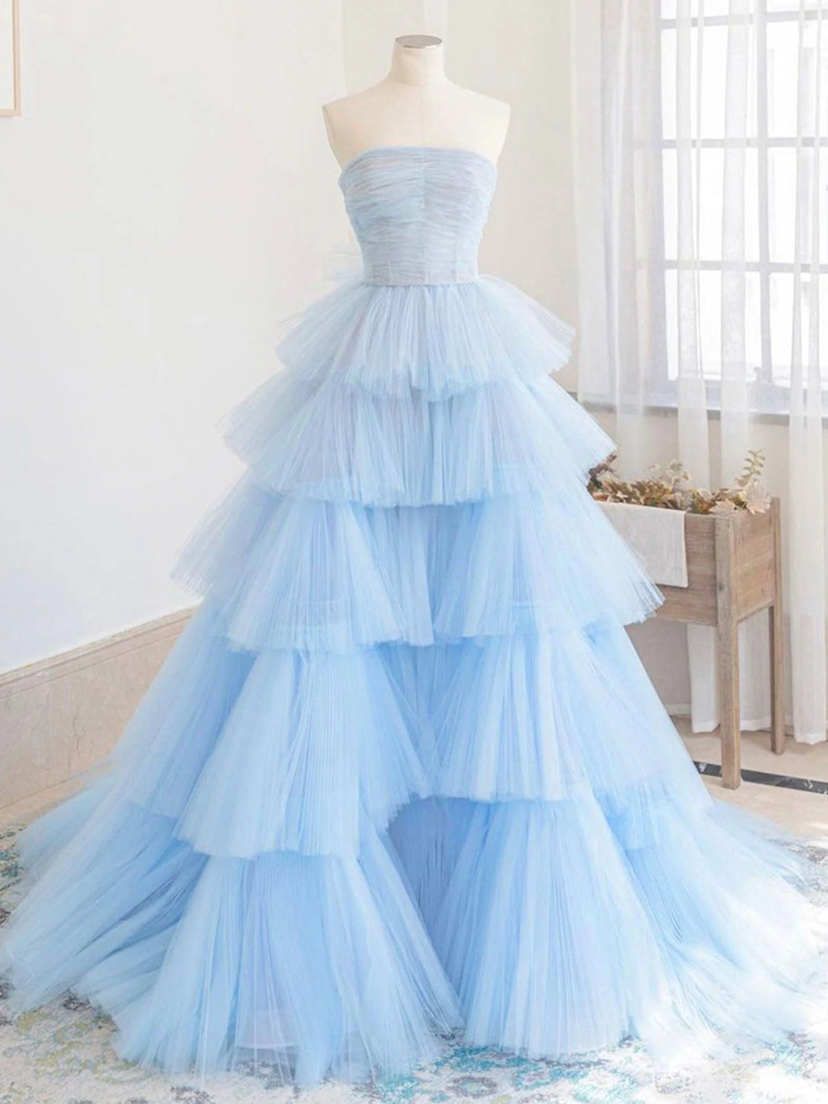 Blue High Low Tulle Prom Dresses, Blue Tulle High Low Formal Graduation Dresses