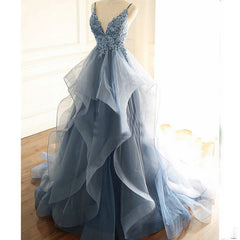 Blue Lace Top with Layers Tulle Prom Dress, New Straps Evening Gown