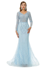 Neckline Long Sleeve Mermaid Lace Pattern Tulle Beading Prom Dresses