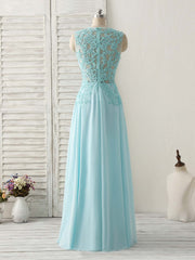 Blue Round Neck Lace Chiffon Long Prom Dress, Blue Long Formal Dresses