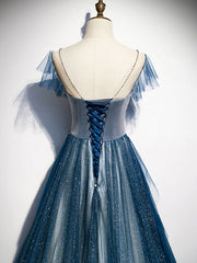 Blue Round Neck Tulle Beads Long Prom Dress, Blue Evening Dress