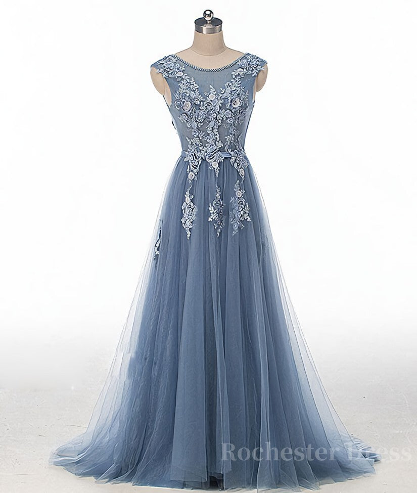 Blue round neck tulle lace applique long prom dress, blue evening dress