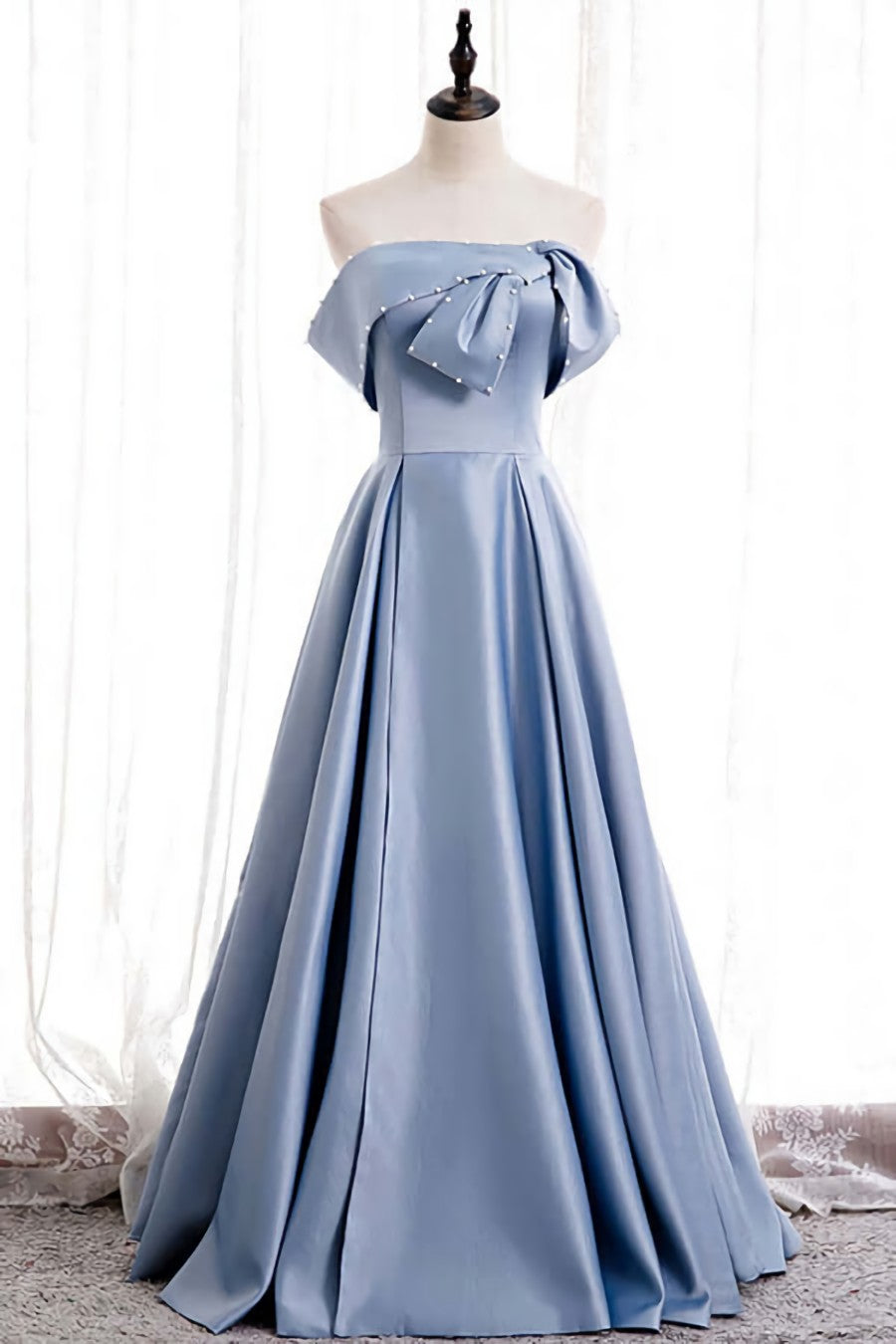 Blue Satin A-line Off-the-Shoulder Beaded Prom Dresses,evening party dress