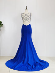 Blue Satin Beads Long Mermaid Prom Dress Blue Formal Dress