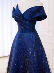 Blue Satin Long A-line Formal Dress Prom Dress, Off Shoulder Blue Evening Dress