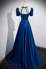 Blue Satin Long A-Line Prom Dress, Simple Blue Short Sleeve Evening Dress