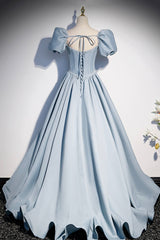 Blue Satin Long A-Line Prom Dress with Pearls, Cute Short Sleeve Evening Dress