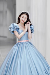 Blue Satin Long Princess Dress, Cute Short Sleeve Ball Gown Sweet 16 Dress