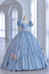 Blue Satin Long Princess Dress, Cute Short Sleeve Ball Gown Sweet 16 Dress