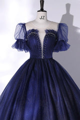 Blue Scoop Neckline Tulle Long Prom Dress, A-Line Short Sleeve Evening Gown