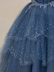 Blue Shiny Tulle Long Beaded A-line Prom Dress, Blue Floor Length Party Dress