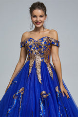 Blue Short Sleeve Off The Shoulder Tulle Sequin Decal Long Prom Dresses