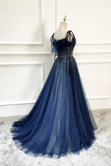 Blue Tulle Beaded Long A-Line Prom Dress, Blue Spaghetti Straps Evening Dress