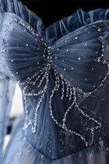 Blue Tulle Beaded Long Prom Dress, A-Line Long Sleeve Evening Dress