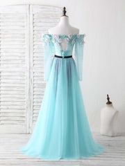 Blue Tulle Beads Long Prom Dress Blue Beads Evening Dress