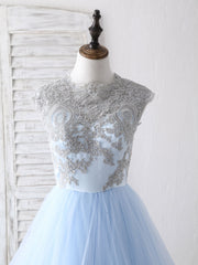 Blue Tulle Lace Applique Long Prom Dress Blue Tulle Sweet 16 Dress