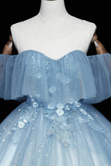 Blue Tulle Lace Long A-Line Ball Gown, Off the Shoulder Formal Evening Gown