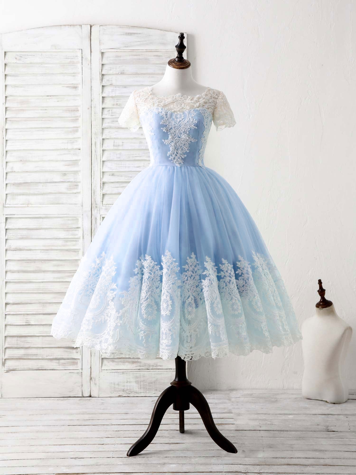 Blue Tulle Lace Short Prom Dress Blue Bridesmaid Dress