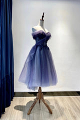 Blue Tulle Lace Short Prom Dress, Off the Shoulder Evening Party Dress