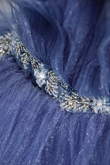 Blue Tulle Layers Long Prom Dress, A-Line Spaghetti Strap Party Dress