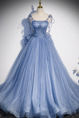 Blue Tulle Long A-Line Prom Dress, Blue Spaghetti Straps Party Dress with Bow