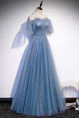 Blue Tulle Long A-Line Prom Dress, Off the Shoulder Evening Party Dress