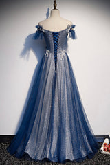 Blue Tulle Long A-Line Prom Dress, Off the Shoulder Evening Party Dress