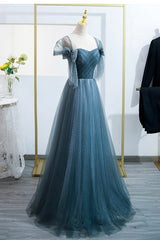 Blue Tulle Long A-Line Prom Dress, Simple Sweetheart Neckline Evening Party Dress