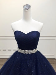 Blue Tulle Long Evening Gown Party Dress, Navy Blue Sweet 16 Gown