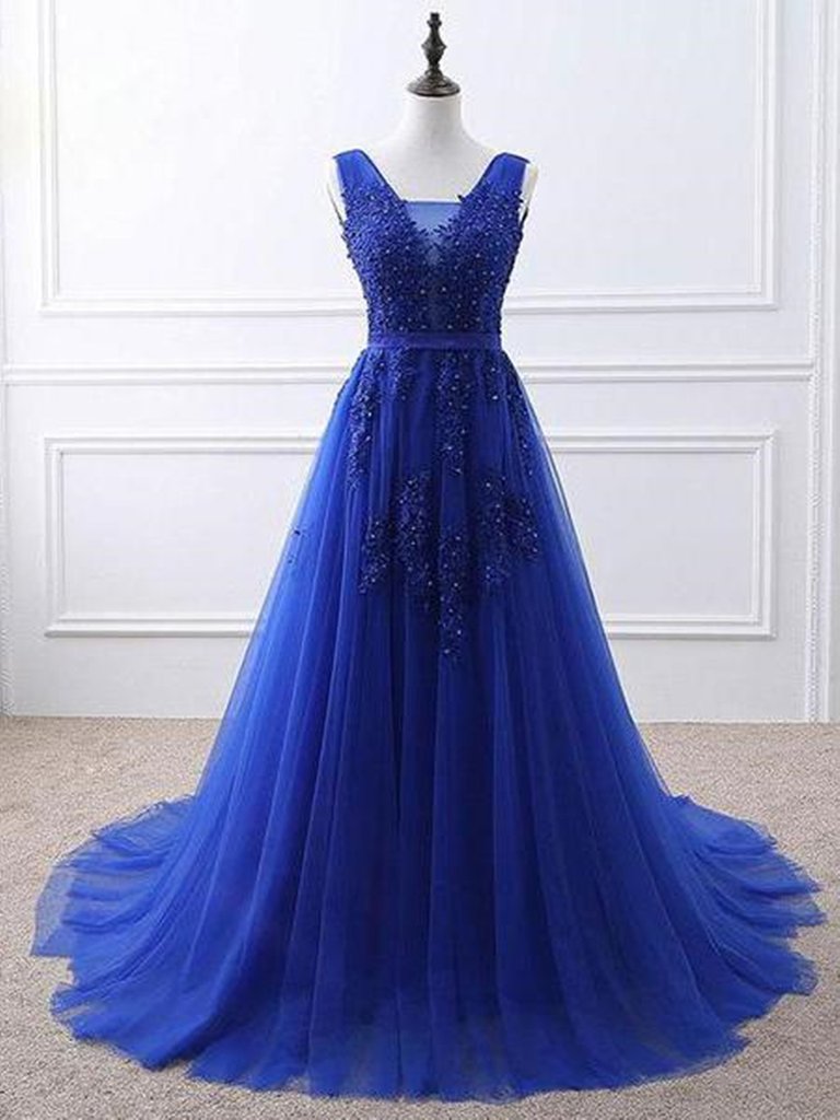 Blue Tulle Long Prom Dress , Blue Formal Gown