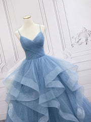 Blue Tulle Long Prom Dresses, Blue Tulle Formal Dresses Sweet 16 Dress