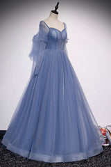 Blue Tulle Long Sleeve Prom Dress, A-Line Blue Evening Party Dress