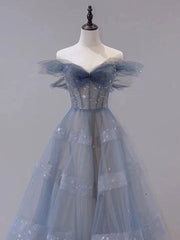 Blue Tulle Off Shoulder Long Prom dress, Blue A line Evening Dress