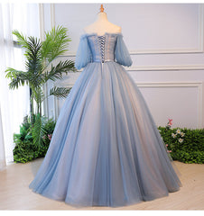 Blue Tulle Off Shoulder with Lace Floral Long Party Dress, Cute Party Dress Prom Dress