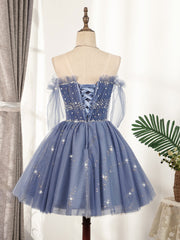 Blue Tulle Sequin Short Prom Dress, Puffy Blue Homecoming Dress