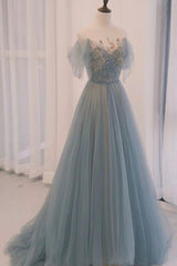 Blue Tulle Sequins Long Prom Dress, A-Line Scoop Neckline Party Dress