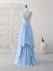 Blue V Neck Applique Chiffon Long Prom Dress Lace Bridesmaid Dress