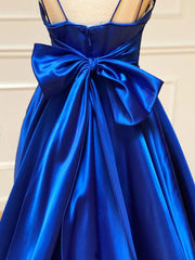 Blue v neck satin long prom dress,  blue evening dress